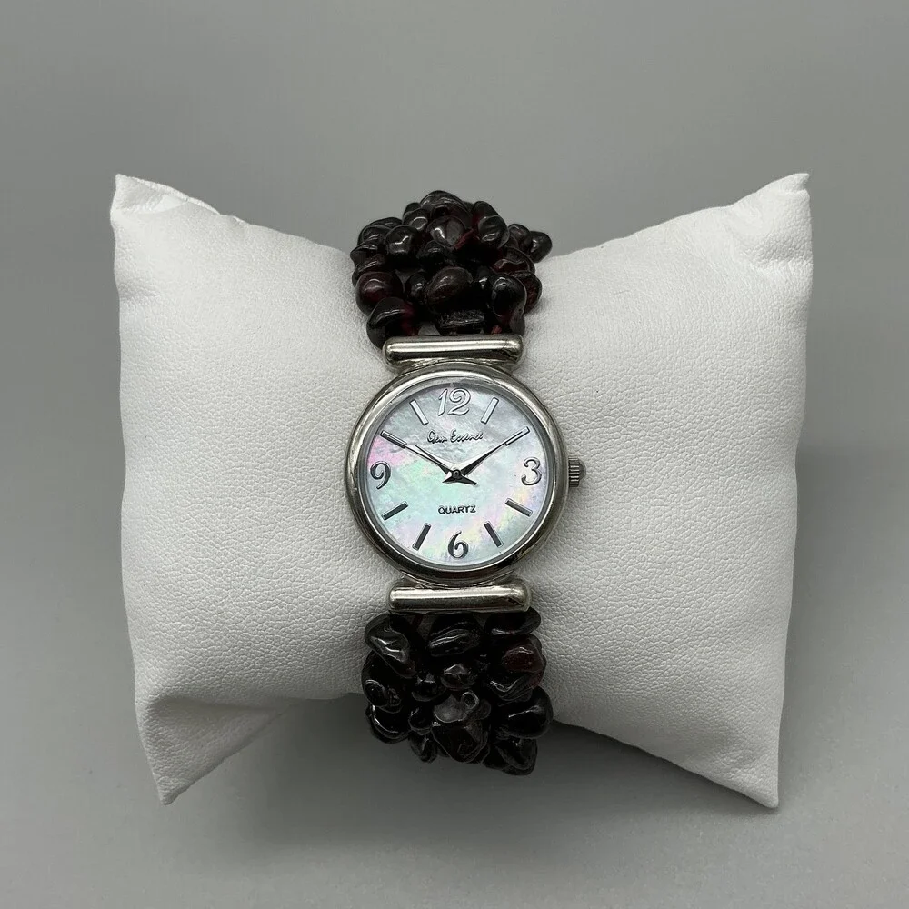 Gem Essence Womens Watch 25mm White MOP Dial Red Bead Bracelet B8324 New Battery